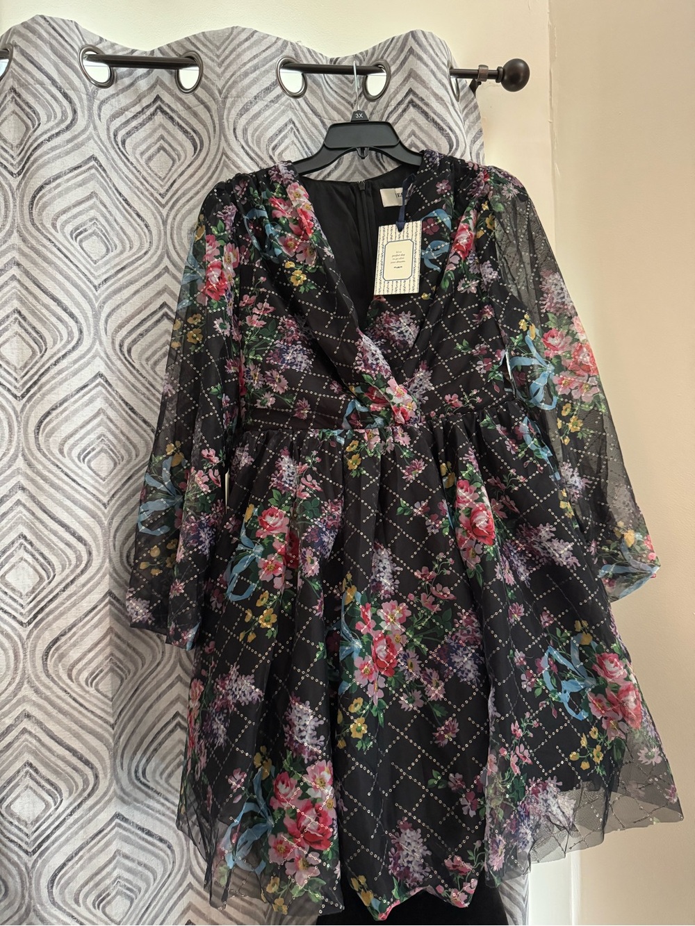 Jessakae Gretel Floral Black Mini Party Dress with Sheer Long Sleeves